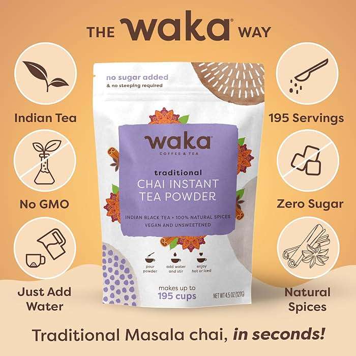 Waka Traditional Chai Tea Powder Mix - Chai Tea Concentrate Sugar Free, Pure Leaves from India, Natural Spices, Unsweetened, No Additives (4.5oz Pouch, 195 Servings) - Image 3