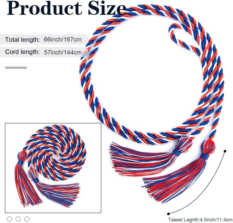 Graduation Honor Cords, Blue Red White Honor Cords, 2026 Graduation Cords with Tassel, Grad Cords, 67" Long Braided Cords for Bachelor Gown Graduation Decorations for Student Master Doctoral - Image 3