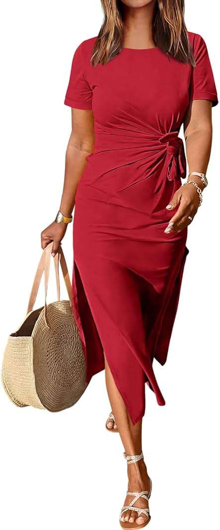 ANRABESS Women's 2026 Summer Maxi Tshirt Dress Short Sleeve Crewneck Tie Waist Casual Slim Fit Slit Spring Long Beach Dresses - Image 1