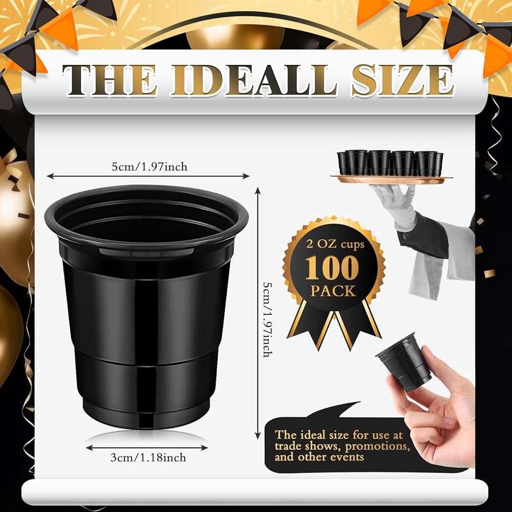 Roshtia 100 Pcs Graduation 2 oz Plastic Cups Mini Disposable Shot Cups Small Plastic Shot Glasses for Birthday Graduation Party Beer Taste Serving Snacks Samples Tastings(Black) - Image 3