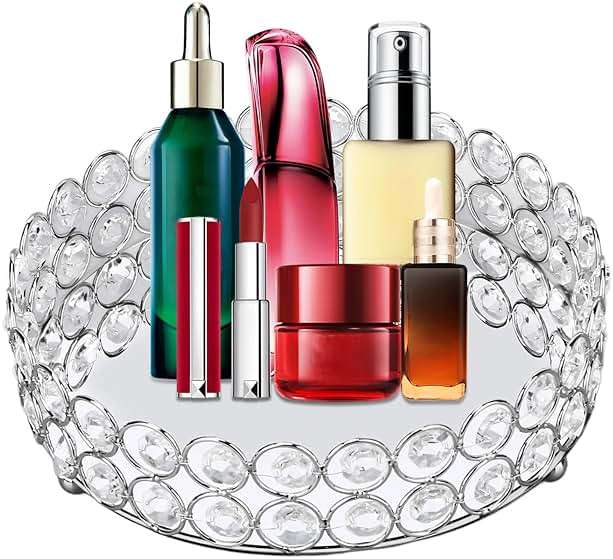 Mirrored Jewelry Organizer Tray - 8 Inch Round Decorative Vanity Tray for Makeup, Perfume & Trinket Storage - Crystal Home Decor Display Plate(Silver) - Image 1