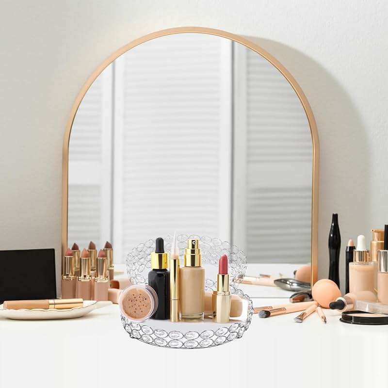 Mirrored Jewelry Organizer Tray - 8 Inch Round Decorative Vanity Tray for Makeup, Perfume & Trinket Storage - Crystal Home Decor Display Plate(Silver) - Image 2
