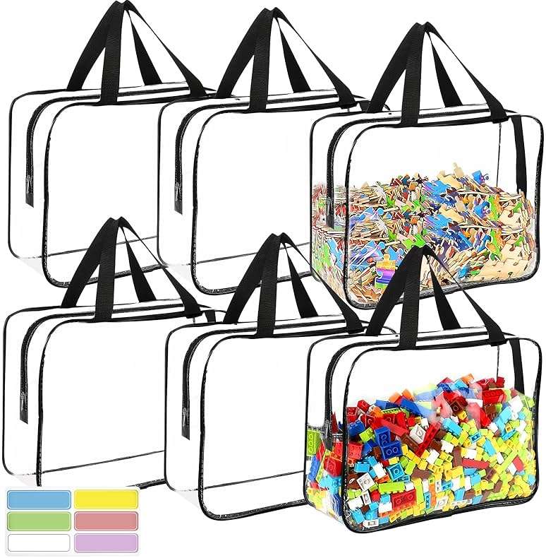 6 Packs Large Toy Storage Bags with Labels, Reusable Clear PVC Board Game Storage, Travel Waterproof Organizer Bags with Zipper for Building Blocks, Puzzle, Kids Books - Image 1