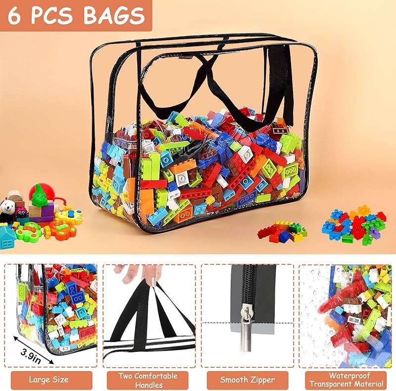 6 Packs Large Toy Storage Bags with Labels, Reusable Clear PVC Board Game Storage, Travel Waterproof Organizer Bags with Zipper for Building Blocks, Puzzle, Kids Books - Image 4