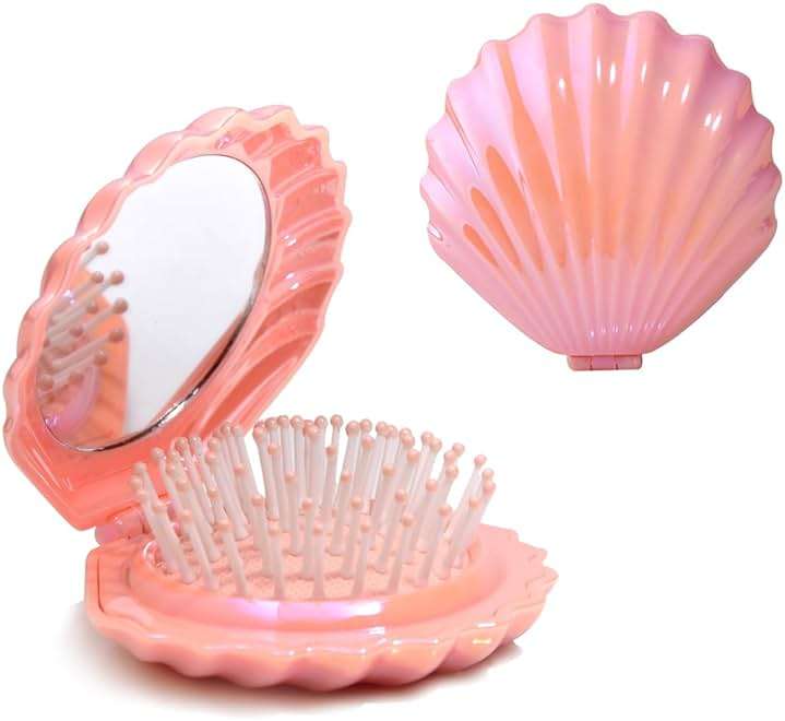 Maji Mama Metallic Shinning Finish Foldable Travel Hair Brushes with Mirror Shell Shape Portable Folding Pocket Hair Brush Mini Hair Comb Compact Size Hair Massage Comb (Pink) - Image 1