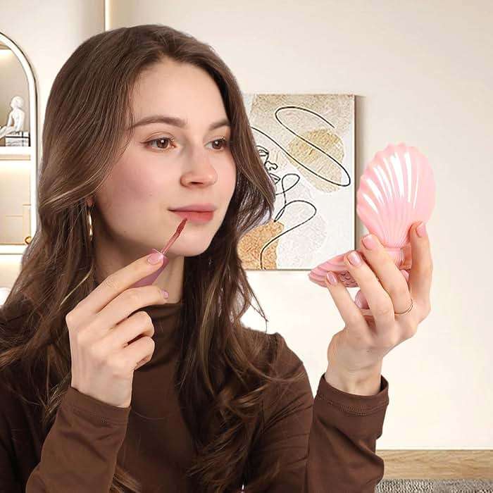 Maji Mama Metallic Shinning Finish Foldable Travel Hair Brushes with Mirror Shell Shape Portable Folding Pocket Hair Brush Mini Hair Comb Compact Size Hair Massage Comb (Pink) - Image 2