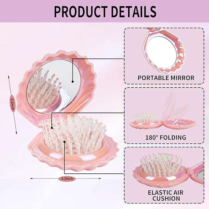 Maji Mama Metallic Shinning Finish Foldable Travel Hair Brushes with Mirror Shell Shape Portable Folding Pocket Hair Brush Mini Hair Comb Compact Size Hair Massage Comb (Pink) - Image 3