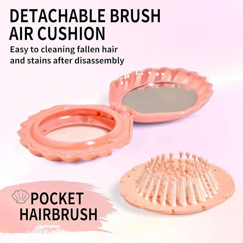 Maji Mama Metallic Shinning Finish Foldable Travel Hair Brushes with Mirror Shell Shape Portable Folding Pocket Hair Brush Mini Hair Comb Compact Size Hair Massage Comb (Pink) - Image 5