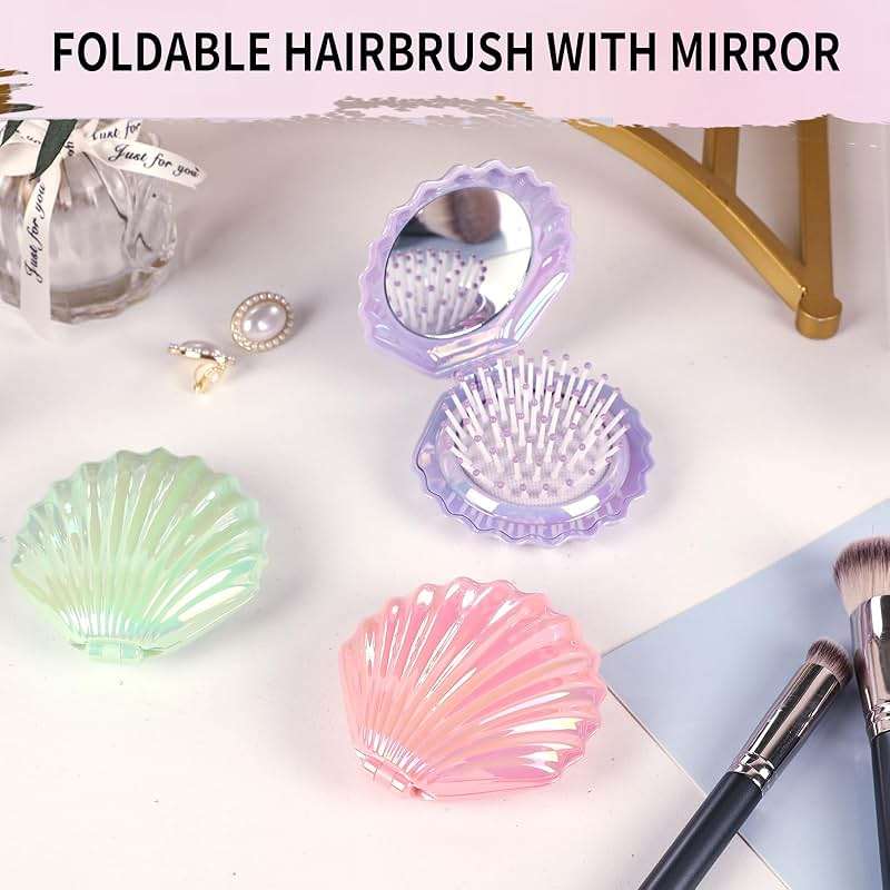 Maji Mama Metallic Shinning Finish Foldable Travel Hair Brushes with Mirror Shell Shape Portable Folding Pocket Hair Brush Mini Hair Comb Compact Size Hair Massage Comb (Pink) - Image 7