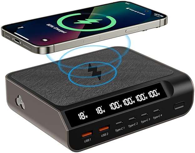 Compact 240W USB C GaN Charger - 6 Ports with Digital Display Screen, Fast Charging Multi-Port Station for Phones, Tablets, Laptops(Champagne Gold) - Image 1