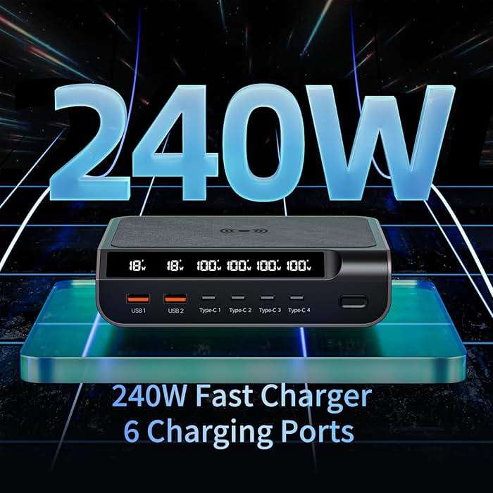 Compact 240W USB C GaN Charger - 6 Ports with Digital Display Screen, Fast Charging Multi-Port Station for Phones, Tablets, Laptops(Champagne Gold) - Image 3