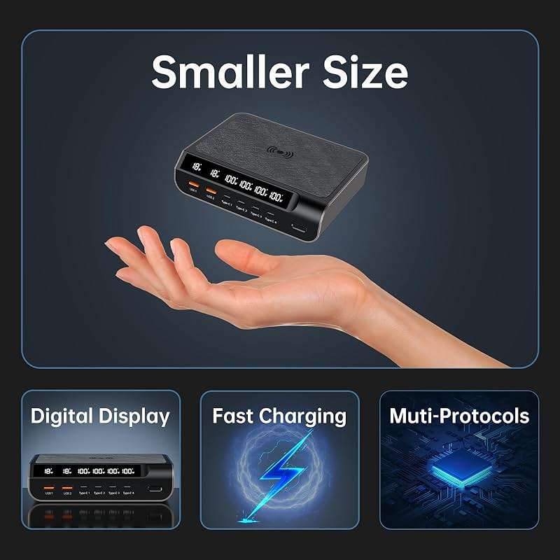 Compact 240W USB C GaN Charger - 6 Ports with Digital Display Screen, Fast Charging Multi-Port Station for Phones, Tablets, Laptops(Champagne Gold) - Image 5