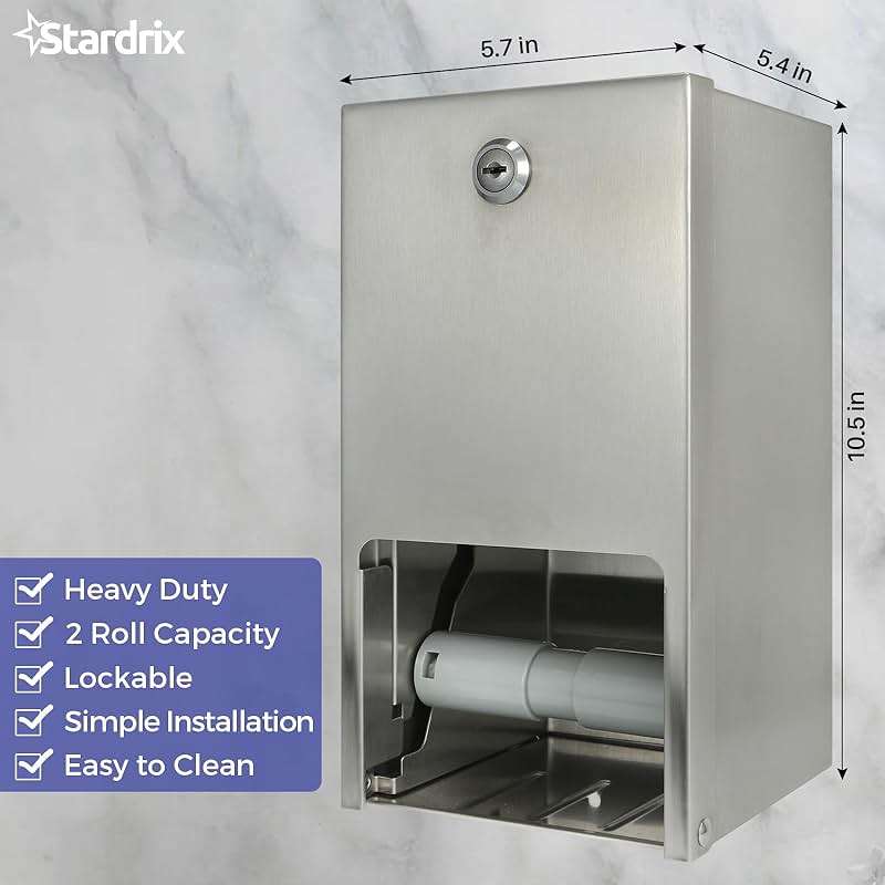 Stardrix 2 Roll Stainless Steel Commercial Toilet Paper Dispenser, Heavy Duty Wall Mount Tissue Holder with Lock for Restroom/Bathroom - Image 7
