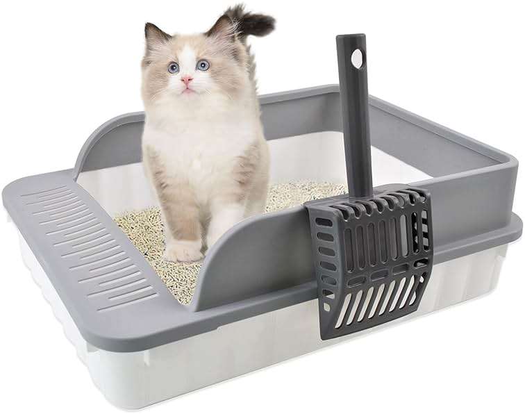 MUYG Open Cat Litter Box with High Side Anti-Splashing Cat Toilet with Litter Sifting Scoop Semi-Enclosed Kitten Litter Tray Pan Removable Prevent Sand Leakage Deodorizing Easy to Clean(Grey) - Image 1