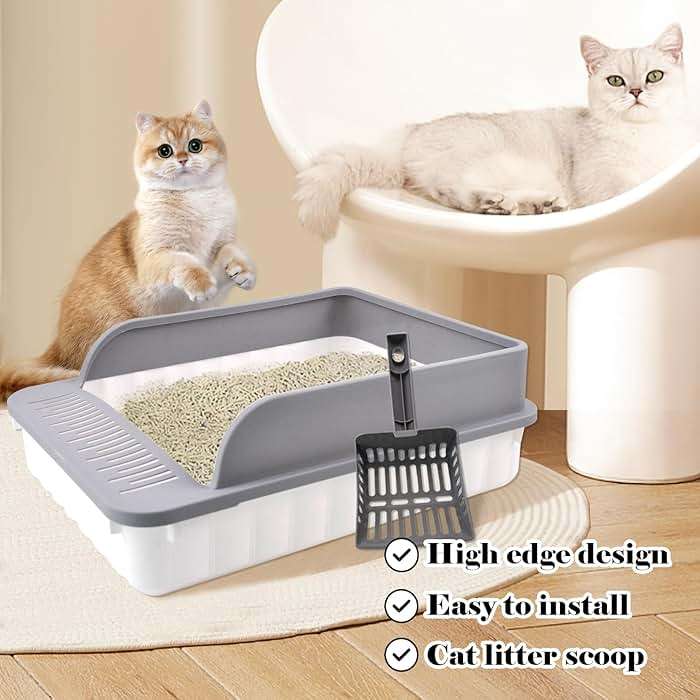 MUYG Open Cat Litter Box with High Side Anti-Splashing Cat Toilet with Litter Sifting Scoop Semi-Enclosed Kitten Litter Tray Pan Removable Prevent Sand Leakage Deodorizing Easy to Clean(Grey) - Image 3