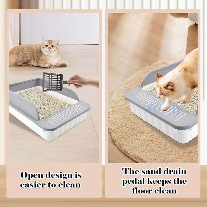 MUYG Open Cat Litter Box with High Side Anti-Splashing Cat Toilet with Litter Sifting Scoop Semi-Enclosed Kitten Litter Tray Pan Removable Prevent Sand Leakage Deodorizing Easy to Clean(Grey) - Image 4
