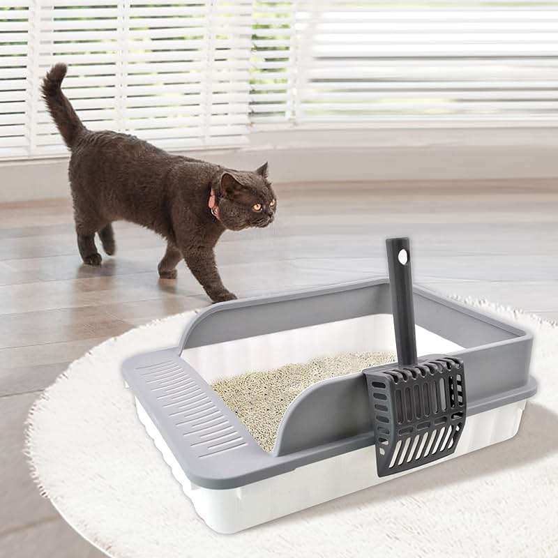 MUYG Open Cat Litter Box with High Side Anti-Splashing Cat Toilet with Litter Sifting Scoop Semi-Enclosed Kitten Litter Tray Pan Removable Prevent Sand Leakage Deodorizing Easy to Clean(Grey) - Image 6