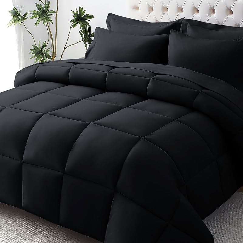 JOLLYVOGUE Queen Comforter Set, Ultra-Soft Bed in a Bag Queen Size 7 Pieces, Oeko-TEX Certified Bedding Set with Down Alternative Comforter, Sheets, Pillowcases & Shams, Black - Image 1