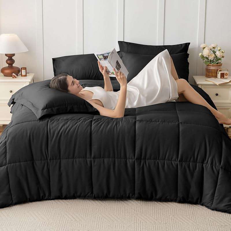 JOLLYVOGUE Queen Comforter Set, Ultra-Soft Bed in a Bag Queen Size 7 Pieces, Oeko-TEX Certified Bedding Set with Down Alternative Comforter, Sheets, Pillowcases & Shams, Black - Image 2