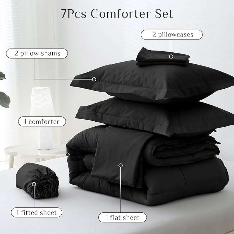 JOLLYVOGUE Queen Comforter Set, Ultra-Soft Bed in a Bag Queen Size 7 Pieces, Oeko-TEX Certified Bedding Set with Down Alternative Comforter, Sheets, Pillowcases & Shams, Black - Image 6