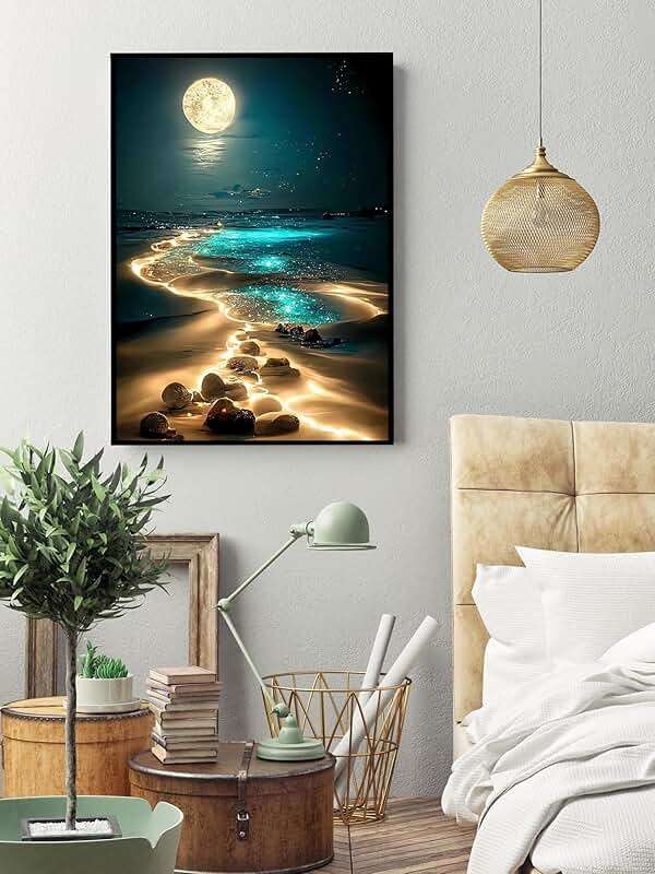KINPLUB Moonlight Beach Diamond Painting Kits for Adults, 5D Seaside Moon Diamond Art Kits for Beginners, DIY Full Drill Paint with Diamond, Home Wall Decor 12 x 16 Inch - Image 3
