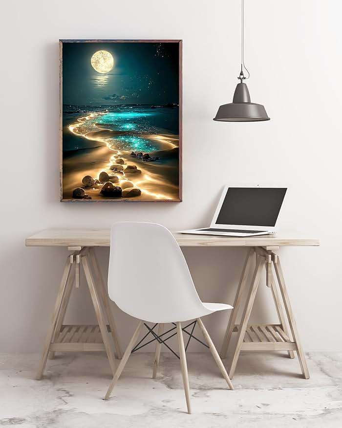 KINPLUB Moonlight Beach Diamond Painting Kits for Adults, 5D Seaside Moon Diamond Art Kits for Beginners, DIY Full Drill Paint with Diamond, Home Wall Decor 12 x 16 Inch - Image 5
