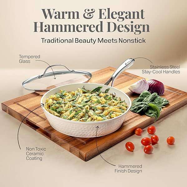 GOTHAM STEEL Hammered 10 Inch Non Stick Frying Pans with Lid, Frying Pans Nonstick with Lid, Non Toxic PFOA PFOS Free, Skillet Pan for Cooking, Induction Oven and Dishwasher Safe – Cream - Image 2