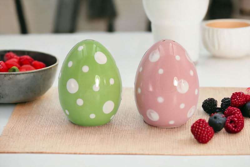 21040 Fine Ceramic Pink & Green Easter Egg Salt & Pepper Shakers Set, 2-3/4" H - Image 2