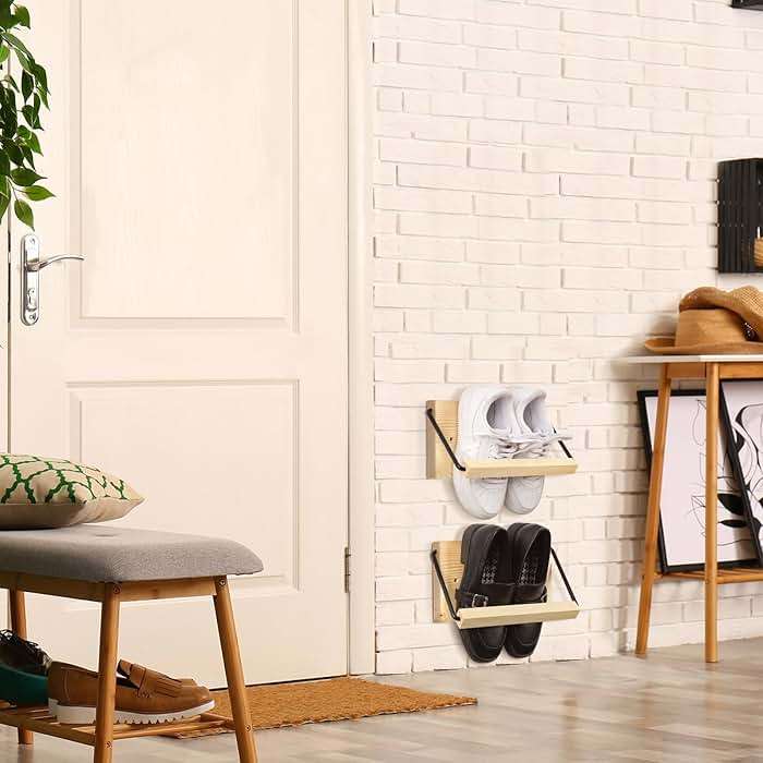 Mifoci 2 Pcs Wall Mounted Shoe Rack Organizer Wooden Modern Compact Wall Space Saving Shoe Holder Storage for Sneaker Footwear Slipper Boots Entryway Narrow Spaces Hallway(9.84'' Long) - Image 5