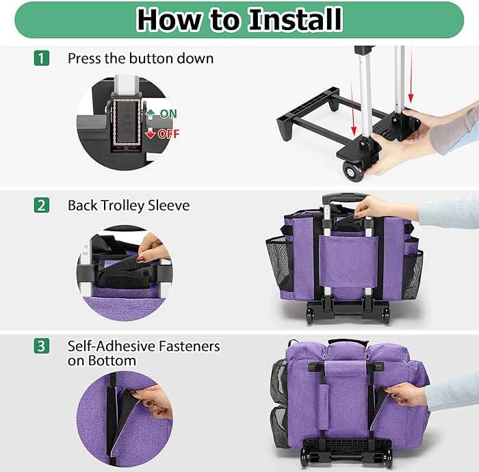 LoDrid Rolling Cleaning Bag with Detachable Trolley, Professional Cleaning Caddy with Shoulder Strap for Housekeepers, Portable Cart on Wheels for Supplies, Purple (Patent Design) - Image 6