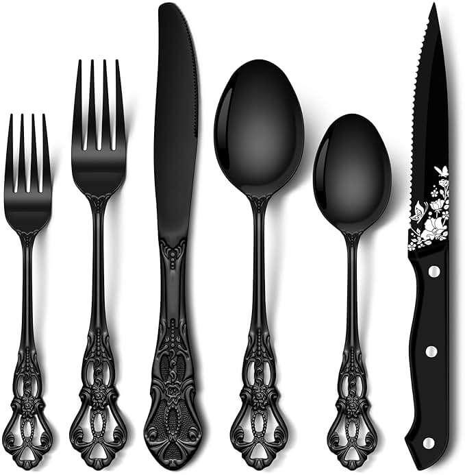 Stapava 48 Pcs Black Silverware Set with Steak Knives, Gorgeous Retro Royal Silverware Set for 8, Stainless Steel Mirror Flatware Cutlery Set, Include Forks Spoons and Knives set, Dishwasher Safe - Image 1