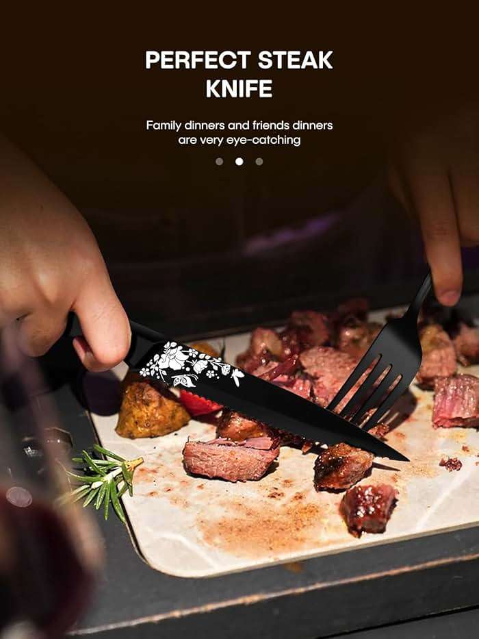 Stapava 48 Pcs Black Silverware Set with Steak Knives, Gorgeous Retro Royal Silverware Set for 8, Stainless Steel Mirror Flatware Cutlery Set, Include Forks Spoons and Knives set, Dishwasher Safe - Image 3