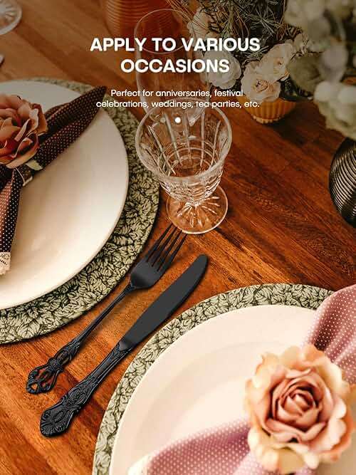 Stapava 48 Pcs Black Silverware Set with Steak Knives, Gorgeous Retro Royal Silverware Set for 8, Stainless Steel Mirror Flatware Cutlery Set, Include Forks Spoons and Knives set, Dishwasher Safe - Image 4
