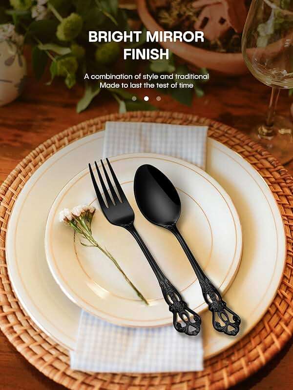 Stapava 48 Pcs Black Silverware Set with Steak Knives, Gorgeous Retro Royal Silverware Set for 8, Stainless Steel Mirror Flatware Cutlery Set, Include Forks Spoons and Knives set, Dishwasher Safe - Image 5