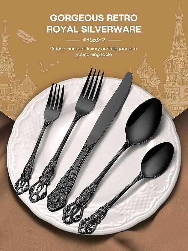 Stapava 48 Pcs Black Silverware Set with Steak Knives, Gorgeous Retro Royal Silverware Set for 8, Stainless Steel Mirror Flatware Cutlery Set, Include Forks Spoons and Knives set, Dishwasher Safe - Image 7