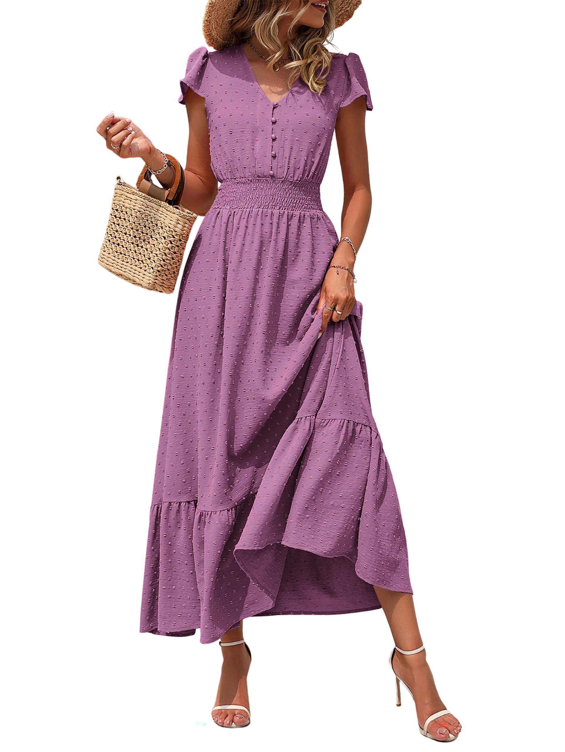 PRETTYGARDEN Womens Dresses 2026 Summer Maxi Dress Boho Short Sleeve V Neck Swiss Dot Ruffle Tiered Smocked Flowy Long Dress - Image 1