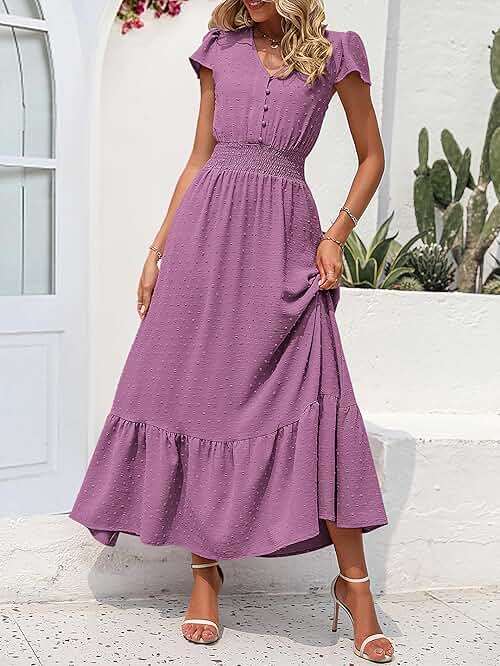 PRETTYGARDEN Womens Dresses 2026 Summer Maxi Dress Boho Short Sleeve V Neck Swiss Dot Ruffle Tiered Smocked Flowy Long Dress - Image 2