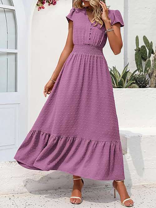 PRETTYGARDEN Womens Dresses 2026 Summer Maxi Dress Boho Short Sleeve V Neck Swiss Dot Ruffle Tiered Smocked Flowy Long Dress - Image 3