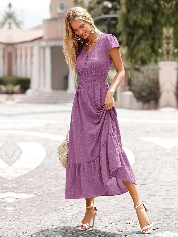 PRETTYGARDEN Womens Dresses 2026 Summer Maxi Dress Boho Short Sleeve V Neck Swiss Dot Ruffle Tiered Smocked Flowy Long Dress - Image 4