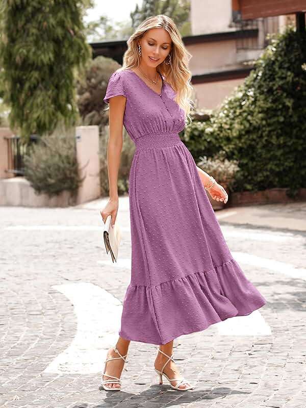 PRETTYGARDEN Womens Dresses 2026 Summer Maxi Dress Boho Short Sleeve V Neck Swiss Dot Ruffle Tiered Smocked Flowy Long Dress - Image 5