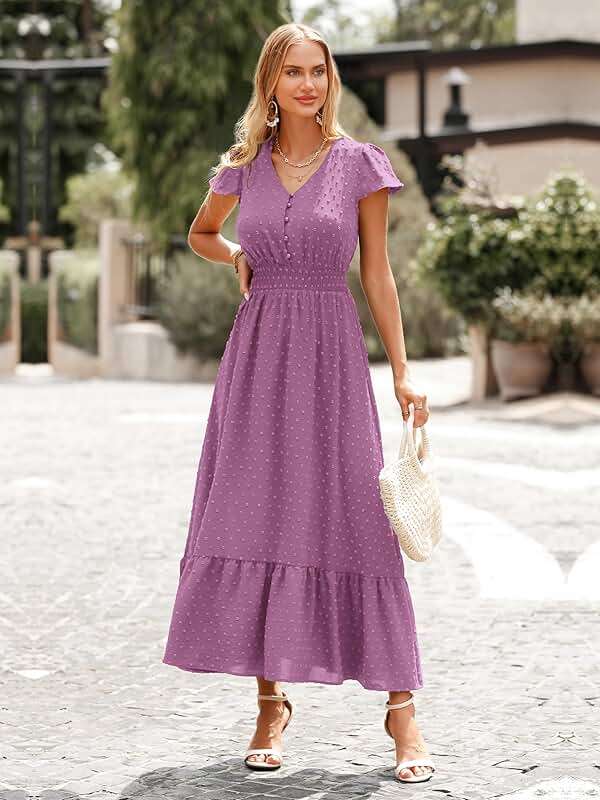 PRETTYGARDEN Womens Dresses 2026 Summer Maxi Dress Boho Short Sleeve V Neck Swiss Dot Ruffle Tiered Smocked Flowy Long Dress - Image 6