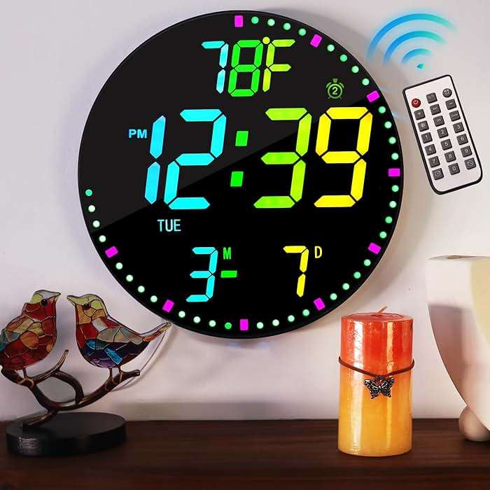 Kasbin 12 Inch Large Digital Wall Clock with Remote Control, RGB Color, Alarm, Timer, Date, Temperature, LED Display for Classroom, Living Room, Bedroom, Gift for Elderly (Black Mirror, 12") - Image 2