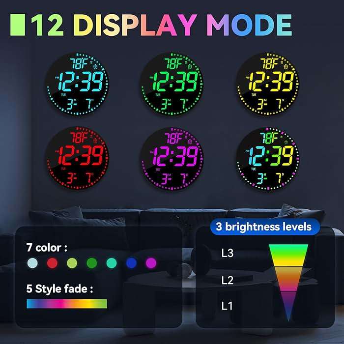 Kasbin 12 Inch Large Digital Wall Clock with Remote Control, RGB Color, Alarm, Timer, Date, Temperature, LED Display for Classroom, Living Room, Bedroom, Gift for Elderly (Black Mirror, 12") - Image 5