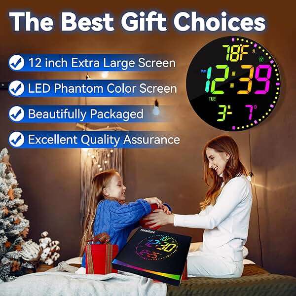 Kasbin 12 Inch Large Digital Wall Clock with Remote Control, RGB Color, Alarm, Timer, Date, Temperature, LED Display for Classroom, Living Room, Bedroom, Gift for Elderly (Black Mirror, 12") - Image 7