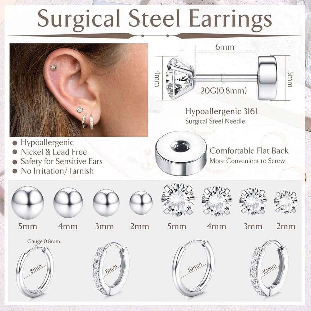 Jstyle Hypoallergenic Earrings for Sensitive Ears, Comfortable Flat Back Earrings for Sleeping, Surgical Steel Cartilage Earring Stacks for Multiple Piercing 14K Gold Plated Nickel-Free Jewelry - Image 5