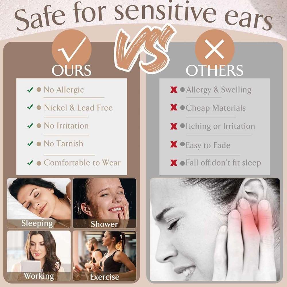Jstyle Hypoallergenic Earrings for Sensitive Ears, Comfortable Flat Back Earrings for Sleeping, Surgical Steel Cartilage Earring Stacks for Multiple Piercing 14K Gold Plated Nickel-Free Jewelry - Image 6