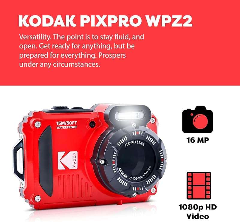 KODAK PIXPRO WPZ2 Rugged Waterproof Digital Camera, Red Bundles with Case, Monopod, Card Reader and More (9 Items) - Image 3