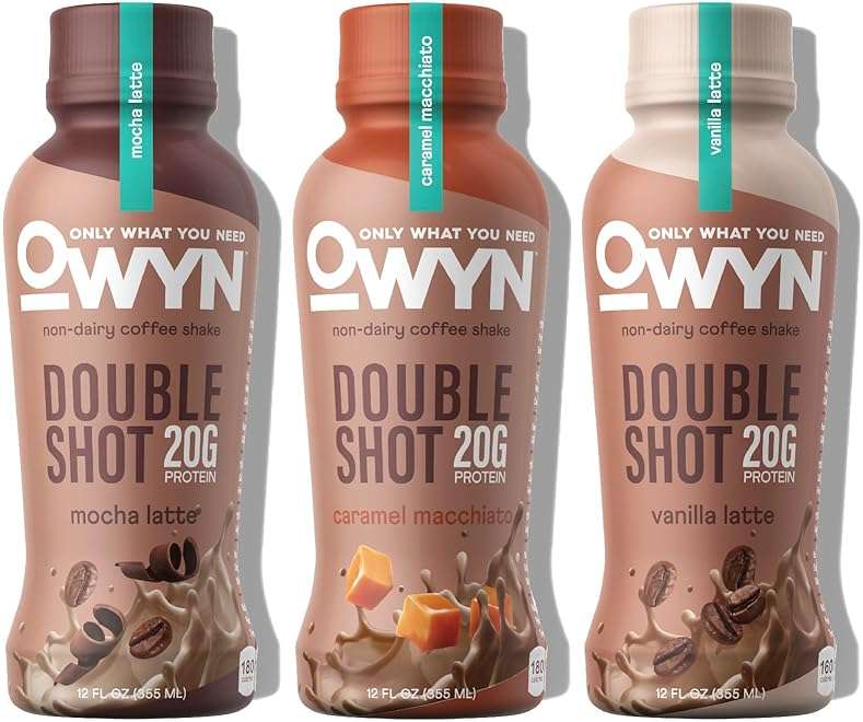 OWYN Only What You Need Double Shot Mocha Latte, Vanilla Latte and Caramel Macchiato Flavored Protein Shake, 20g Protein, 0g Sugar, 3g Fiber, 180mg Caffeine, Dairy Free, Plant Based Protein, 12 CT - Image 1