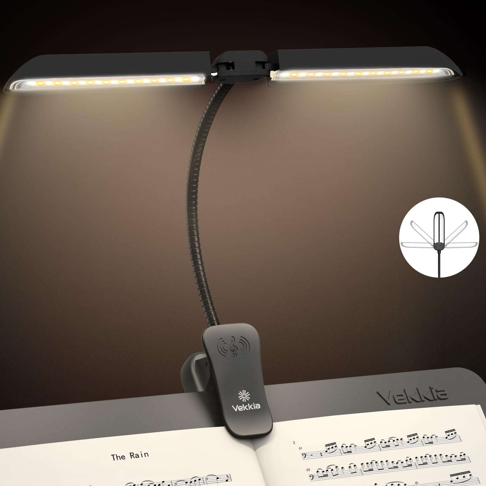 Vekkia 64 Led Rechargeable Music Stand Light - Folding Clip On Piano Lamp, Portable Professional with 5 Brightness×3 Color Temperature for Grand Piano and Book Reading - Image 1