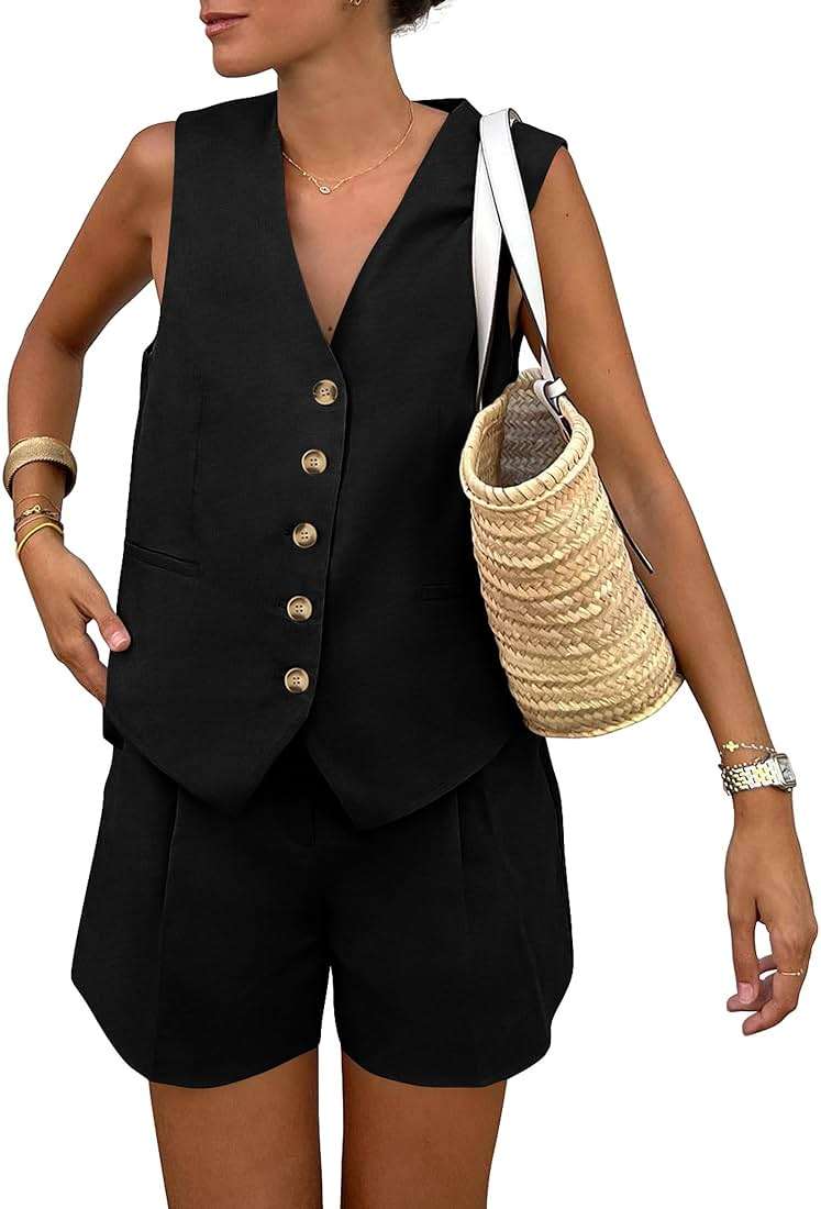 PRETTYGARDEN Women's Summer 2 Piece Outfits Sleeveless Matching Sets Button Down V Neck Vest Waistcoat and Pockets Shorts - Image 1